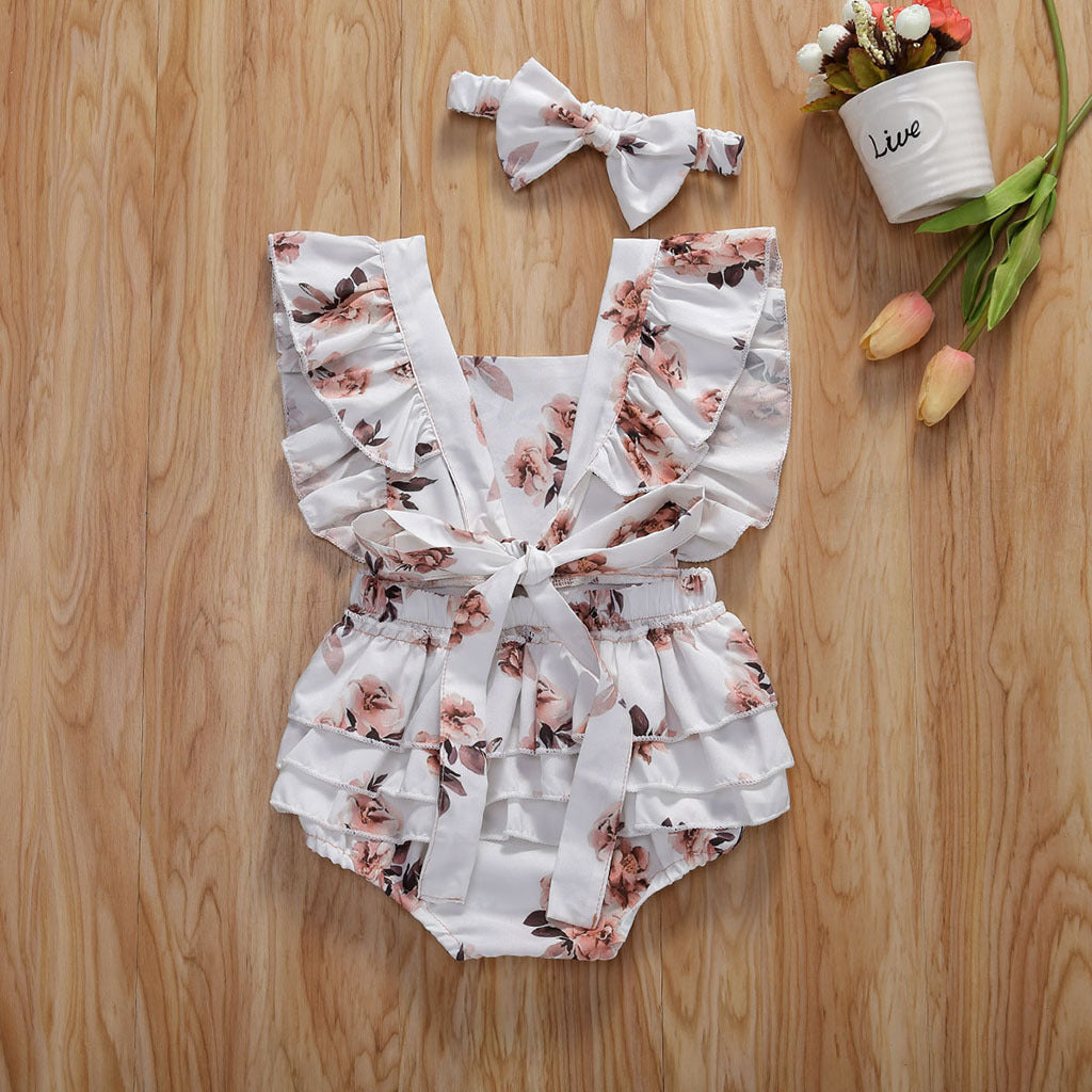 Cassie Floral Ruffled  Romper with Topknot Headband
