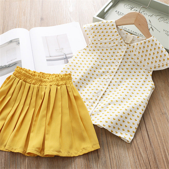 Heart Short Sleeve Blouse & Pleated Skirt