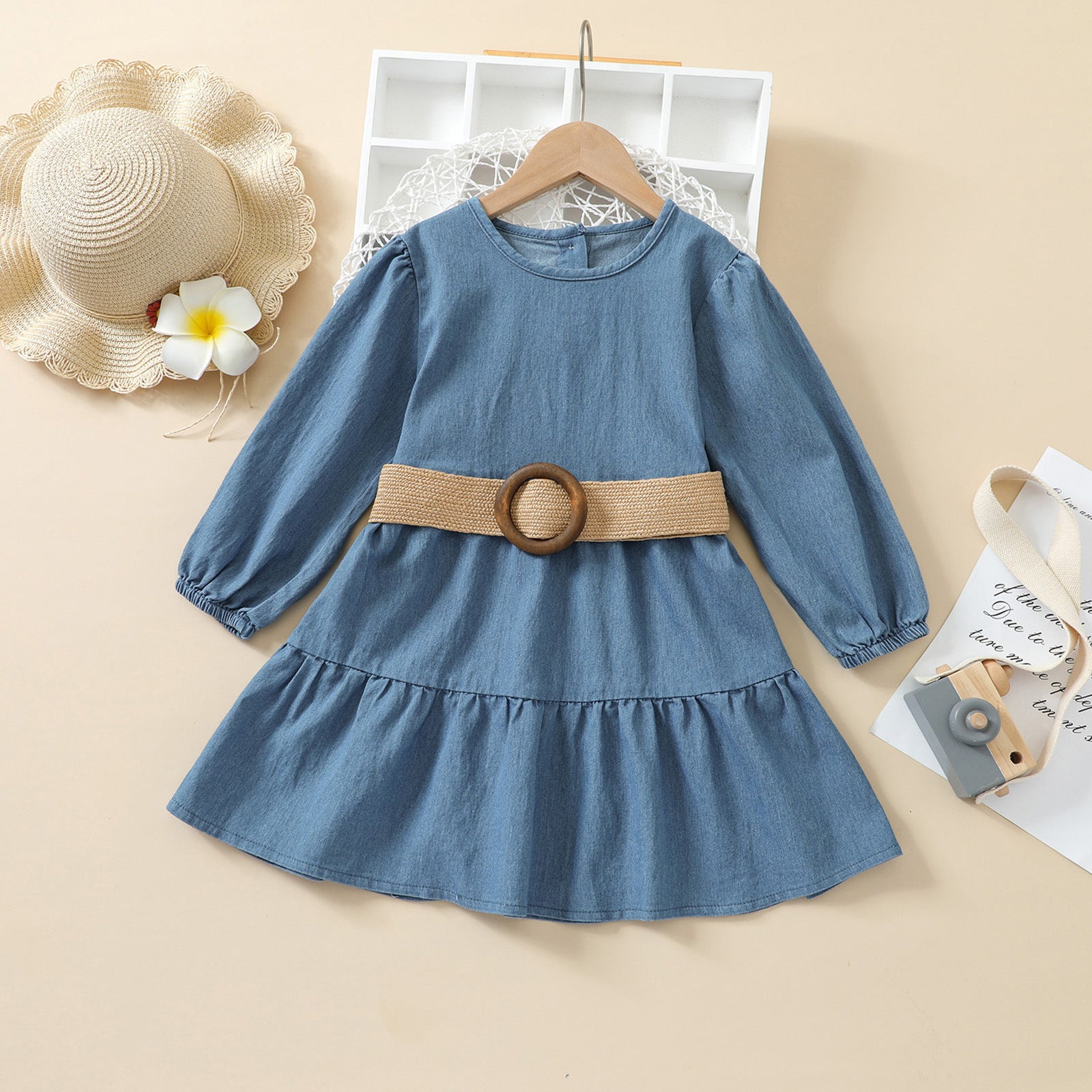 Chaisse Long Sleeve Denim Princess Dress With Belt