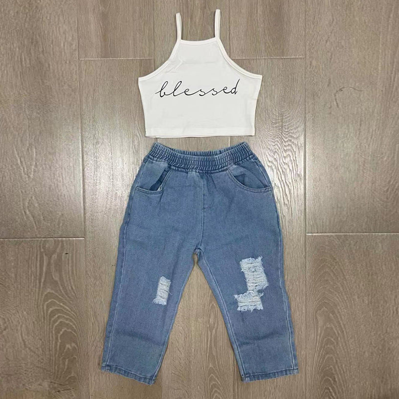 Blessed Print Vest & Ripped Jeans