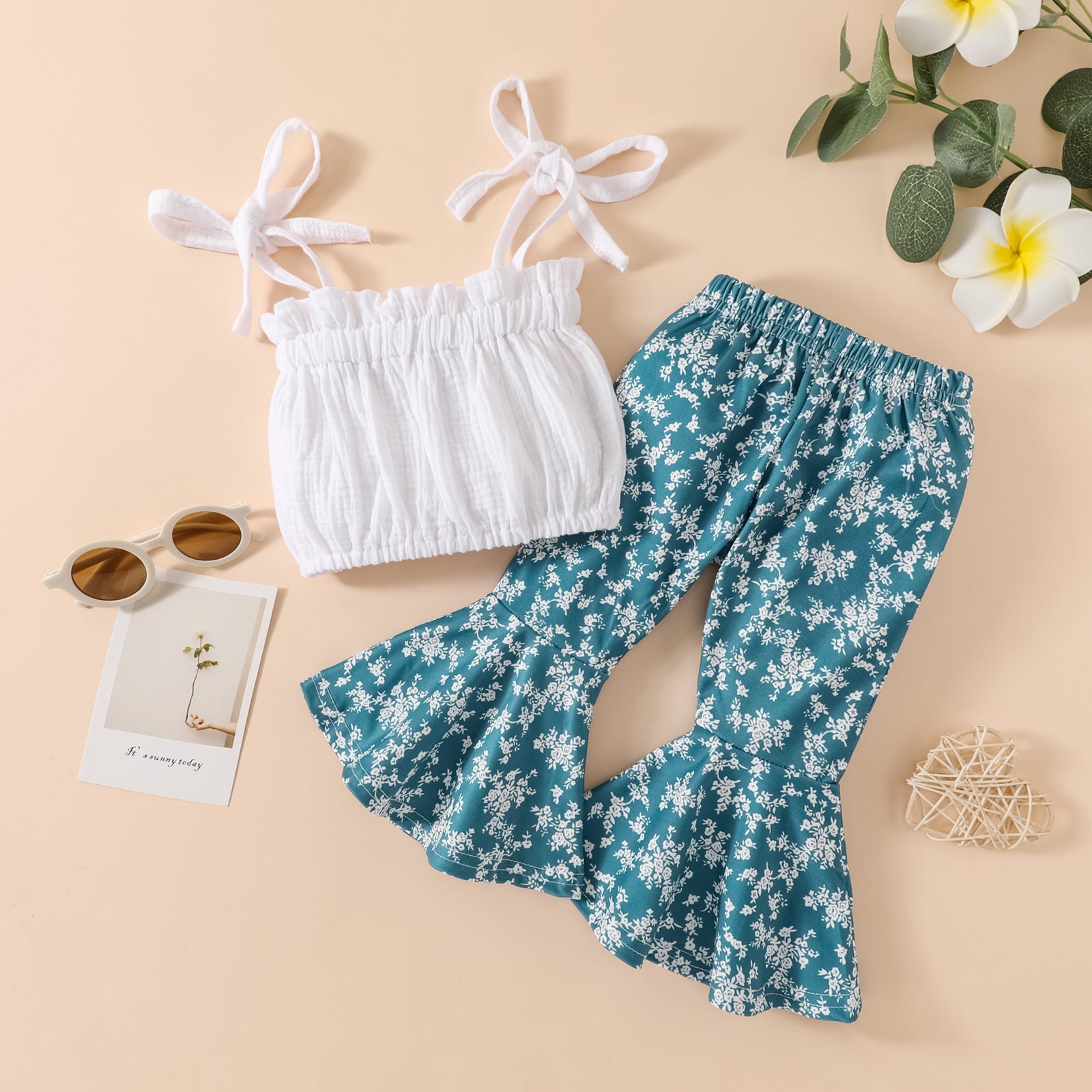 Lace Up Short Top & Printed Flare Pants