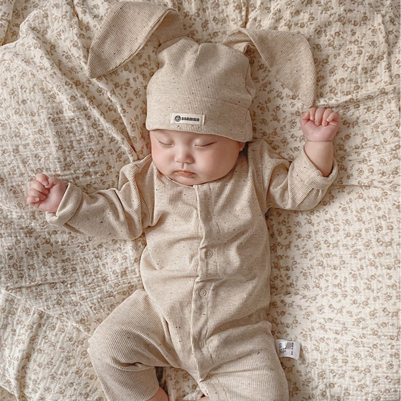 Berly Dot Ribbed Botton Up Overall With Bunny Hat