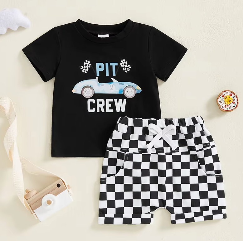 Ethan Car Print Black Shirt Checkered Shorts