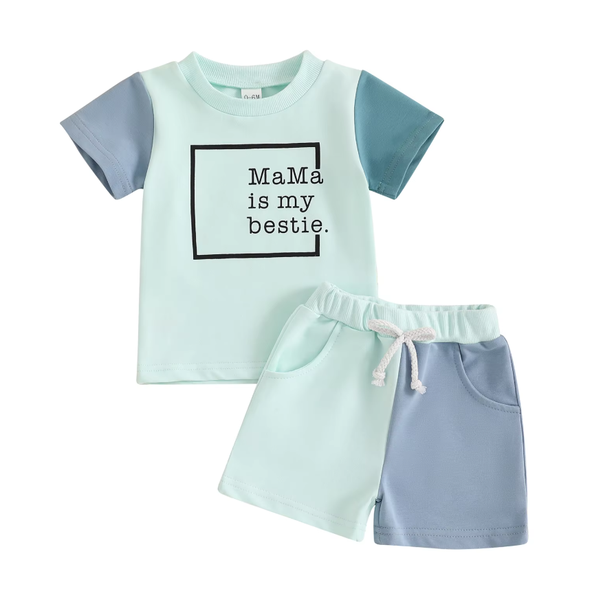 My Mama is my Bestie Print Color Patchwork T-shirt Shorts Toddler