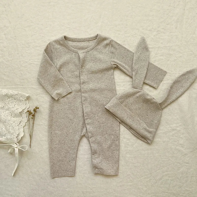 Berly Dot Ribbed Botton Up Overall With Bunny Hat