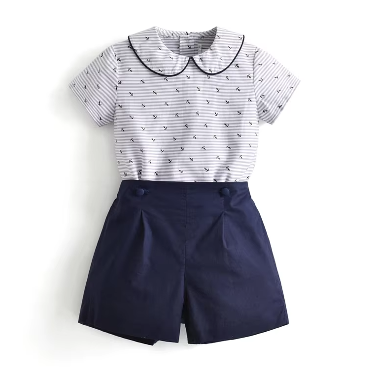 Peter Pan Collar Shirt Navy Blue Shorts Set