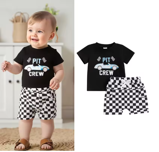 Ethan Car Print Black Shirt Checkered Shorts