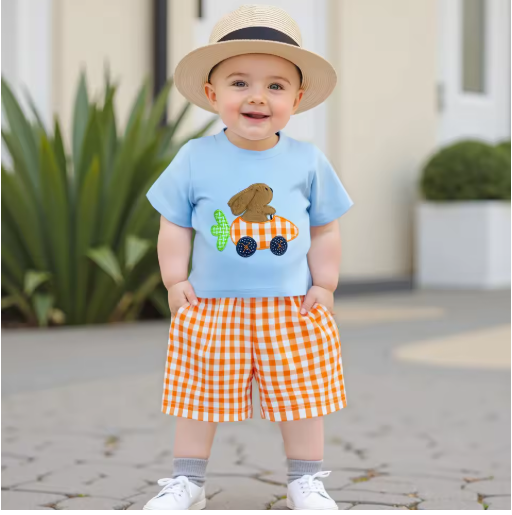 Marco Rabbit Embroidery T-shirt Plaid Shorts with Pockets