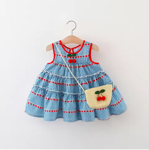 Ivy Plaid Heart Cherry Summer Blue Dress and Cute Sling Bag