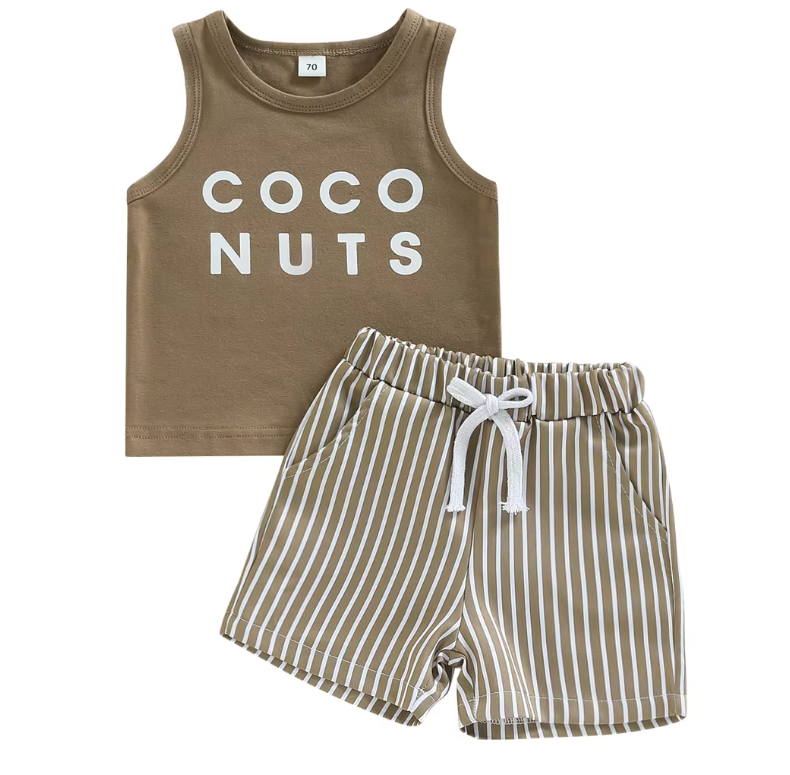 Newborn Summer Coco Nuts Printed Sleeveless Shirt Stripe Shorts Outfit