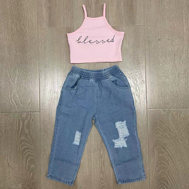 Blessed Print Vest & Ripped Jeans