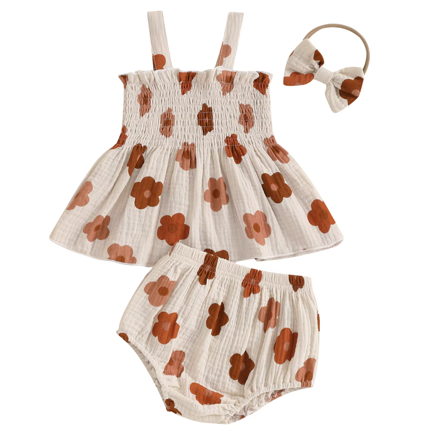 Emmy Floral Sleeveless Smocked Tank Elastic baby Shorts & Headband Set