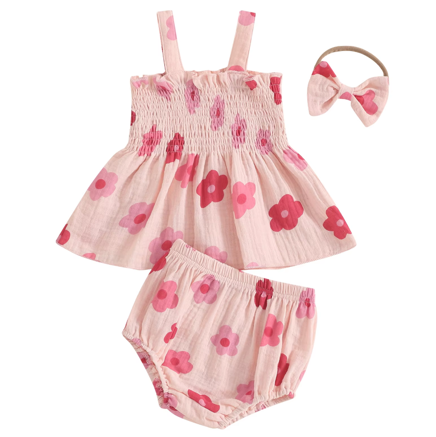 Emmy Floral Sleeveless Smocked Tank Elastic baby Shorts & Headband Set