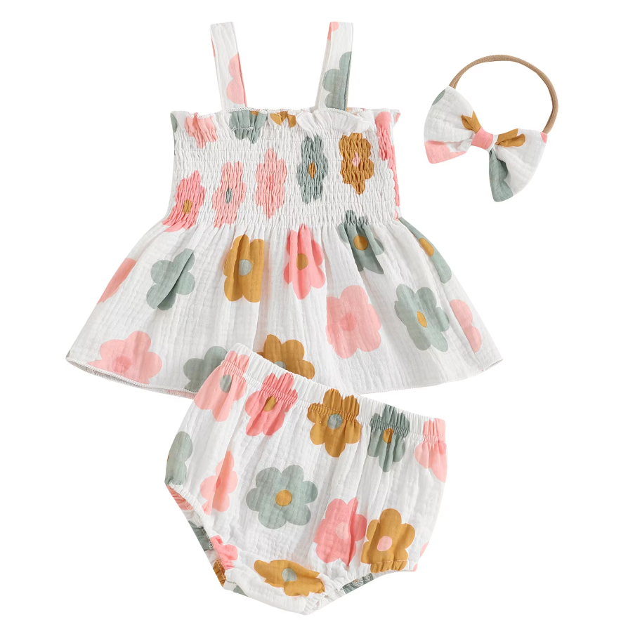 Emmy Floral Sleeveless Smocked Tank Elastic baby Shorts & Headband Set