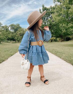 Chaisse Long Sleeve Denim Princess Dress With Belt
