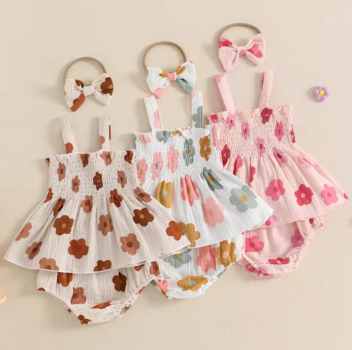 Emmy Floral Sleeveless Smocked Tank Elastic baby Shorts & Headband Set