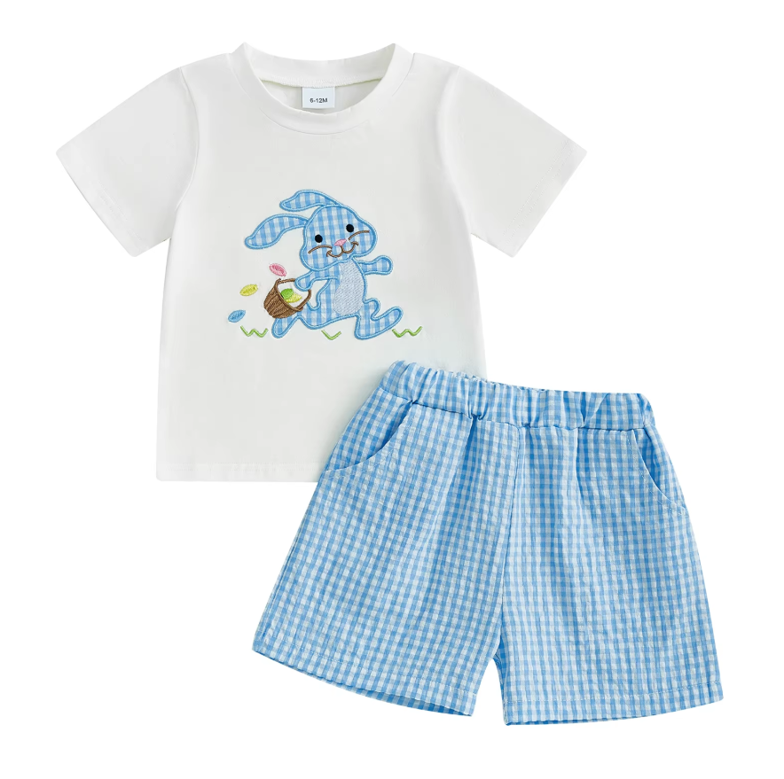 Marco Rabbit Embroidery T-shirt Plaid Shorts with Pockets