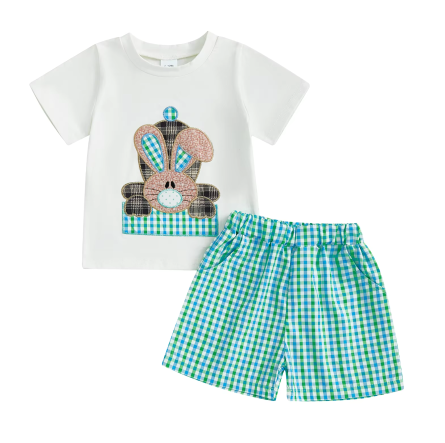 Marco Rabbit Embroidery T-shirt Plaid Shorts with Pockets