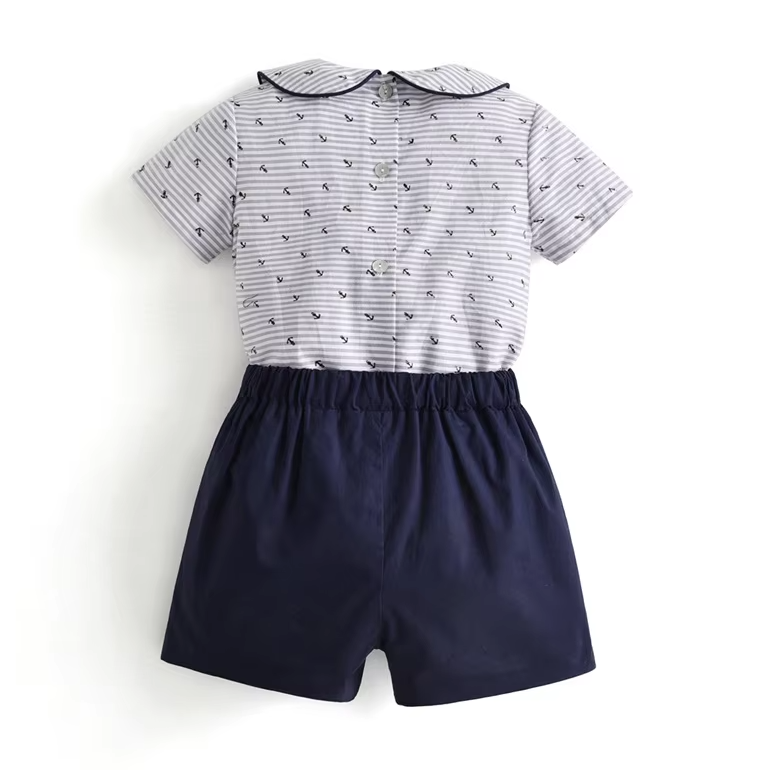Peter Pan Collar Shirt Navy Blue Shorts Set
