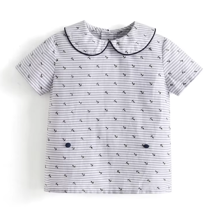 Peter Pan Collar Shirt Navy Blue Shorts Set