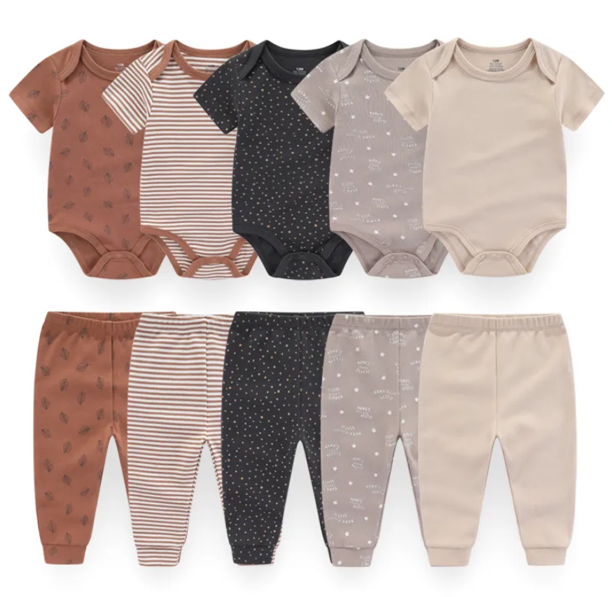 5 Pcs Cotton Sleeve Romper & Pants Set