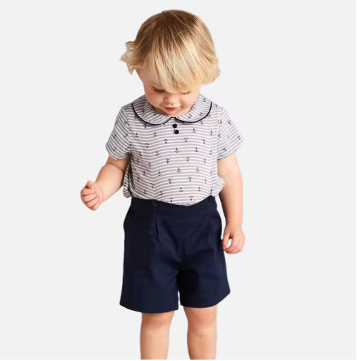 Peter Pan Collar Shirt Navy Blue Shorts Set