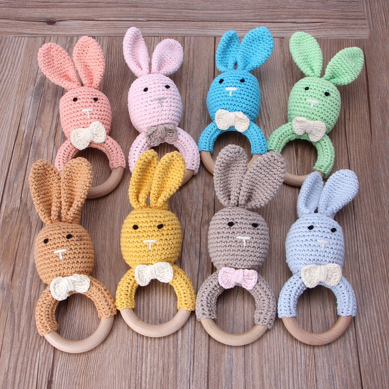 Baby Bunny Ear Teether Wooden Teething Ring Newborn Sensory Toy