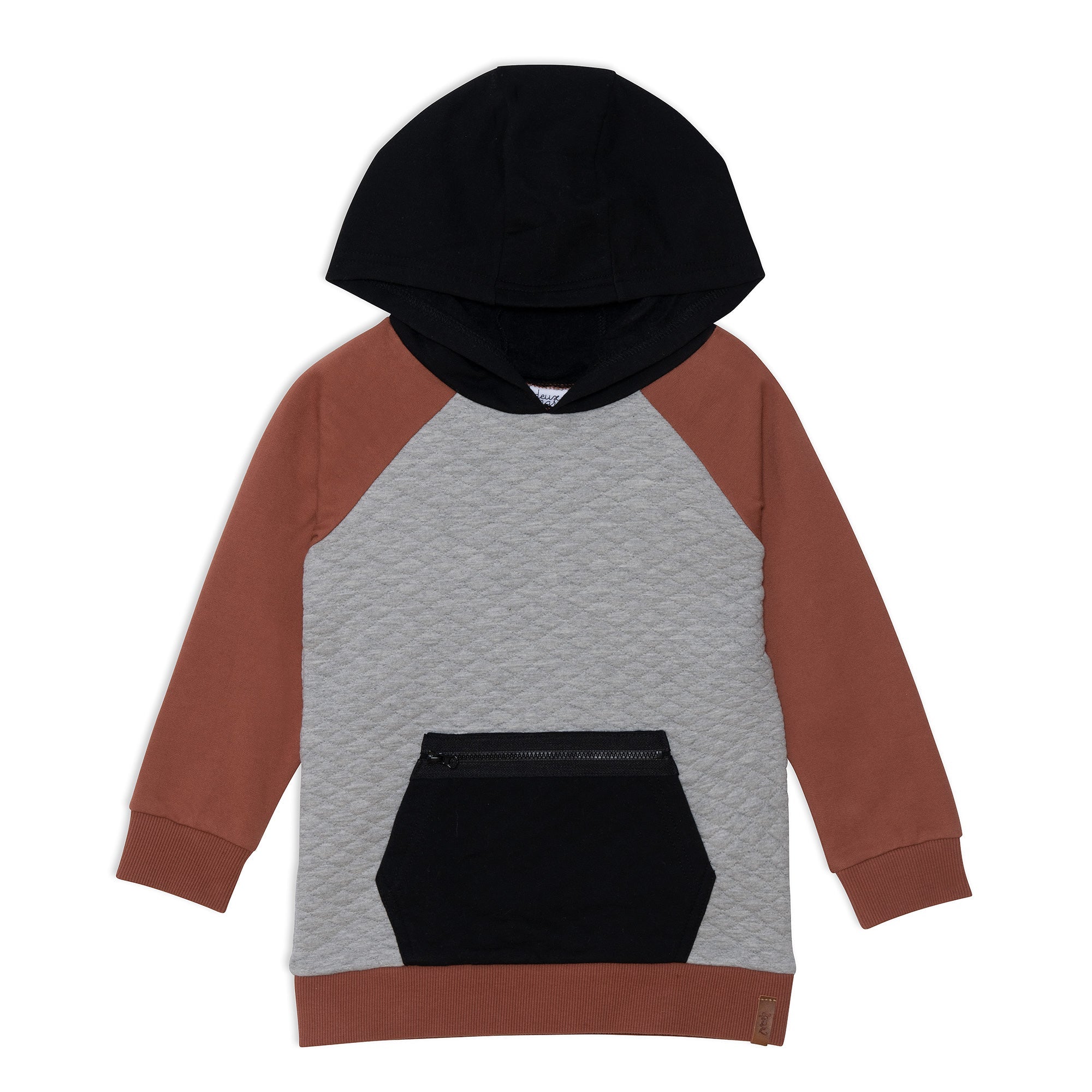Quilted Hooded Fleece Top With Zipper Pocket Light Heather Grey, Black And Brown