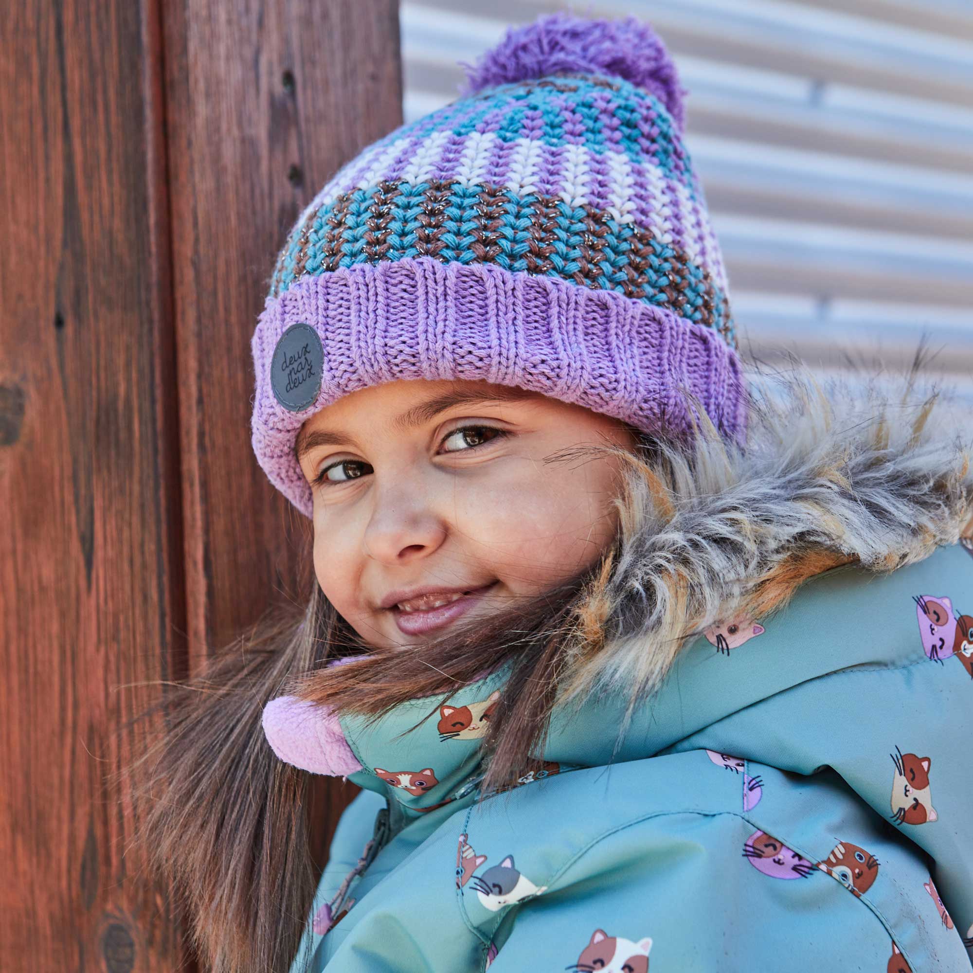 Striped Knit Hat Purple, Green, Brown And White