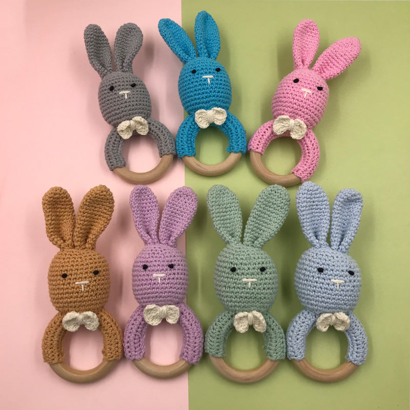 Baby Bunny Ear Teether Wooden Teething Ring Newborn Sensory Toy