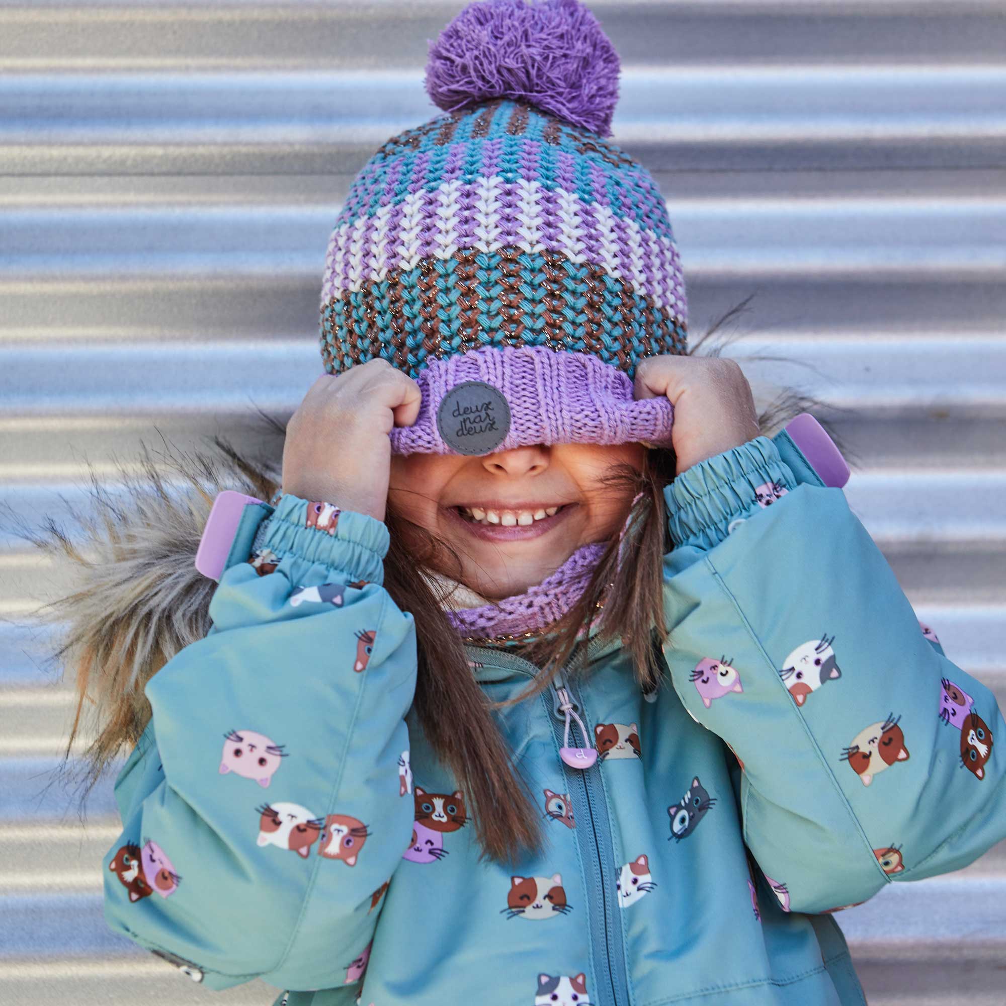 Striped Knit Hat Purple, Green, Brown And White