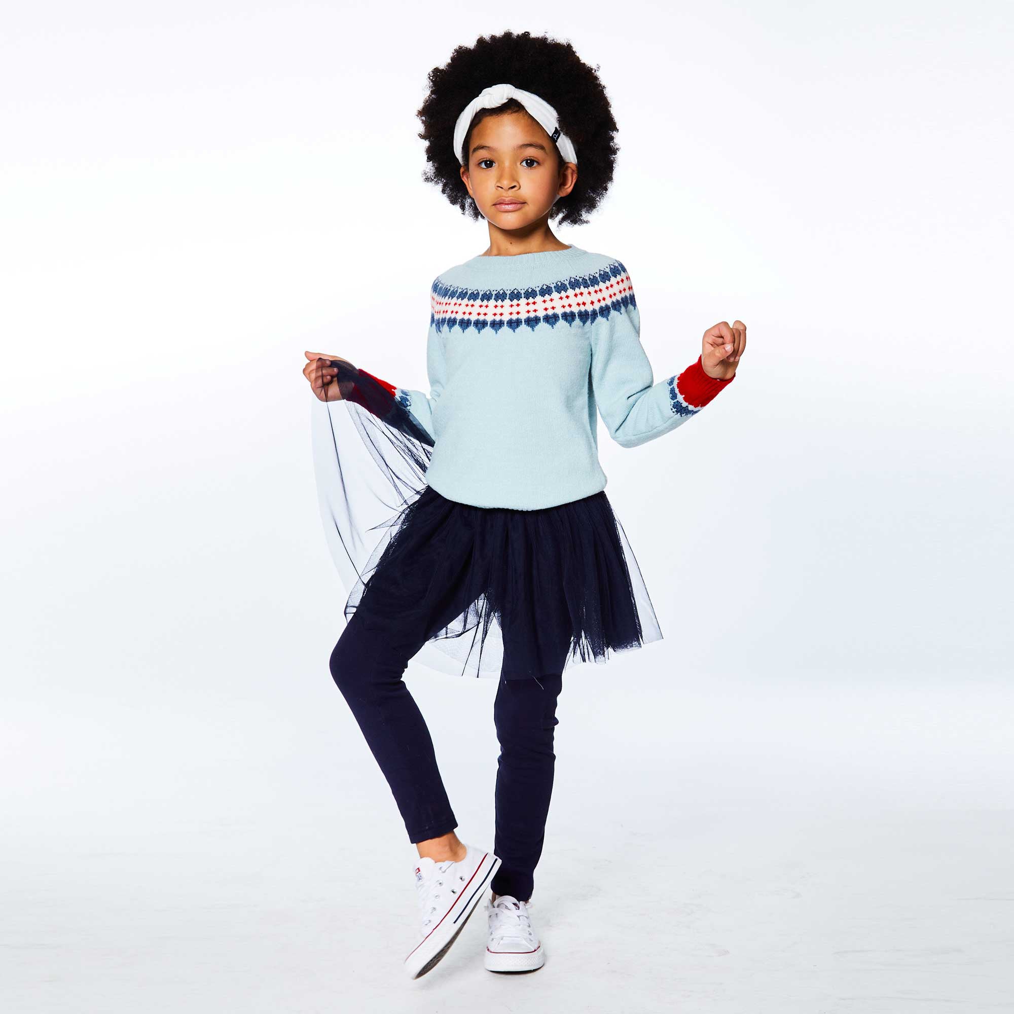 Long Sleeve Knitted Sweater Light Blue And Red