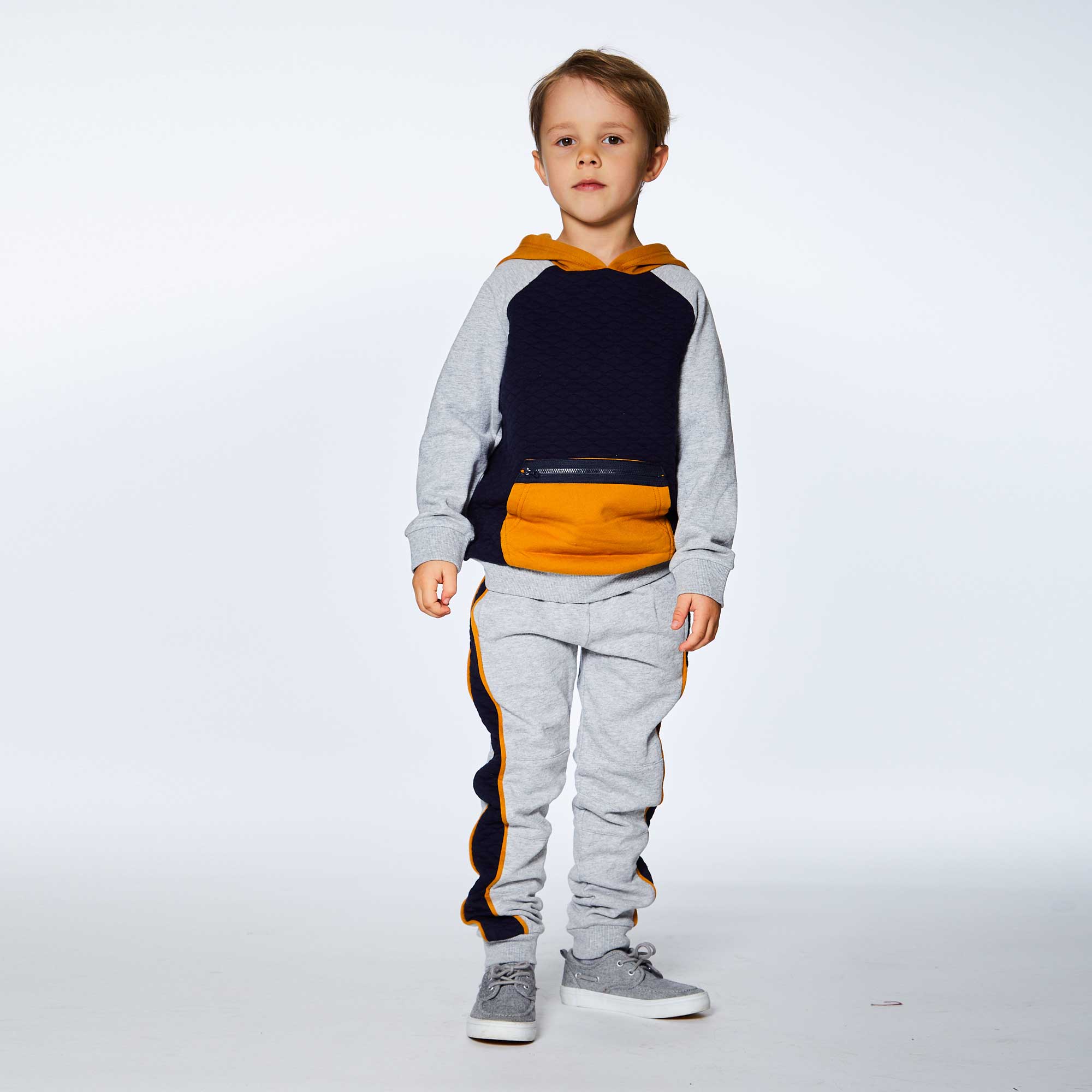Quilted Hooded Fleece Top With Zipper Pocket Light Heather Grey, Yellow And Navy Blue