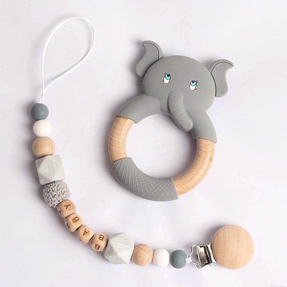 Nature-Inspired Teething: Elephant Silicone & Wooden Teether Set for Babies